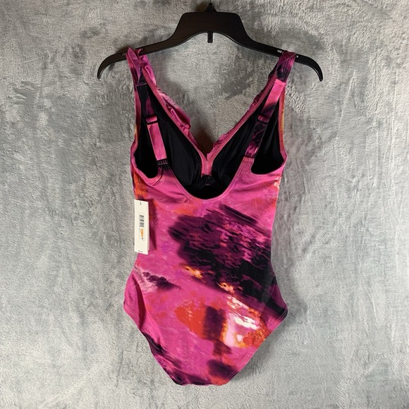 DKNY Women's Swimsuit S One Piece Ruffle Pink Abstract Mirage Underwire‎ NWT - Picture 2 of 8